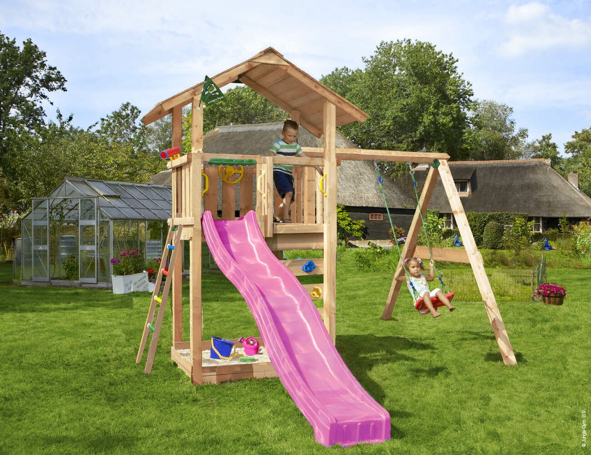   speeltoestel van douglas hout - Jungle Sierra met roze glijbaan - Tuin speeltoestel voor buiten met zandbak en schommel