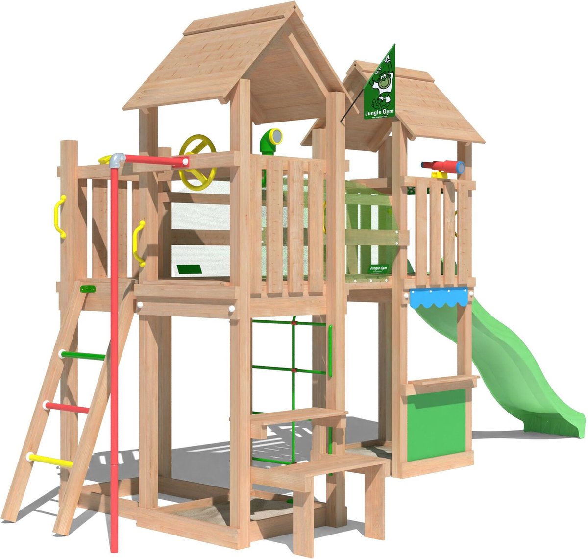   speeltoestel van douglas hout - Jungle Spark met groene glijbaan - Tuin speeltoestel voor buiten met zandbak en picknicktafel