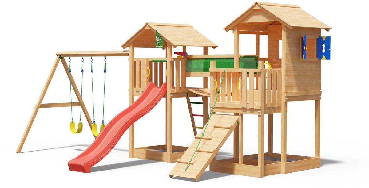   speeltoestel van douglas hout - Jungle Stronghold met rode glijbaan - Tuin speeltoestel voor buiten met zandbak en schommels