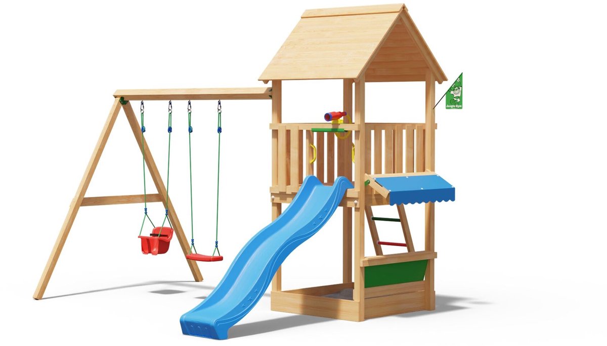   speeltoestel van douglas hout - Jungle Suite met blauwe glijbaan - Tuin speeltoestel voor buiten met zandbak en schommels