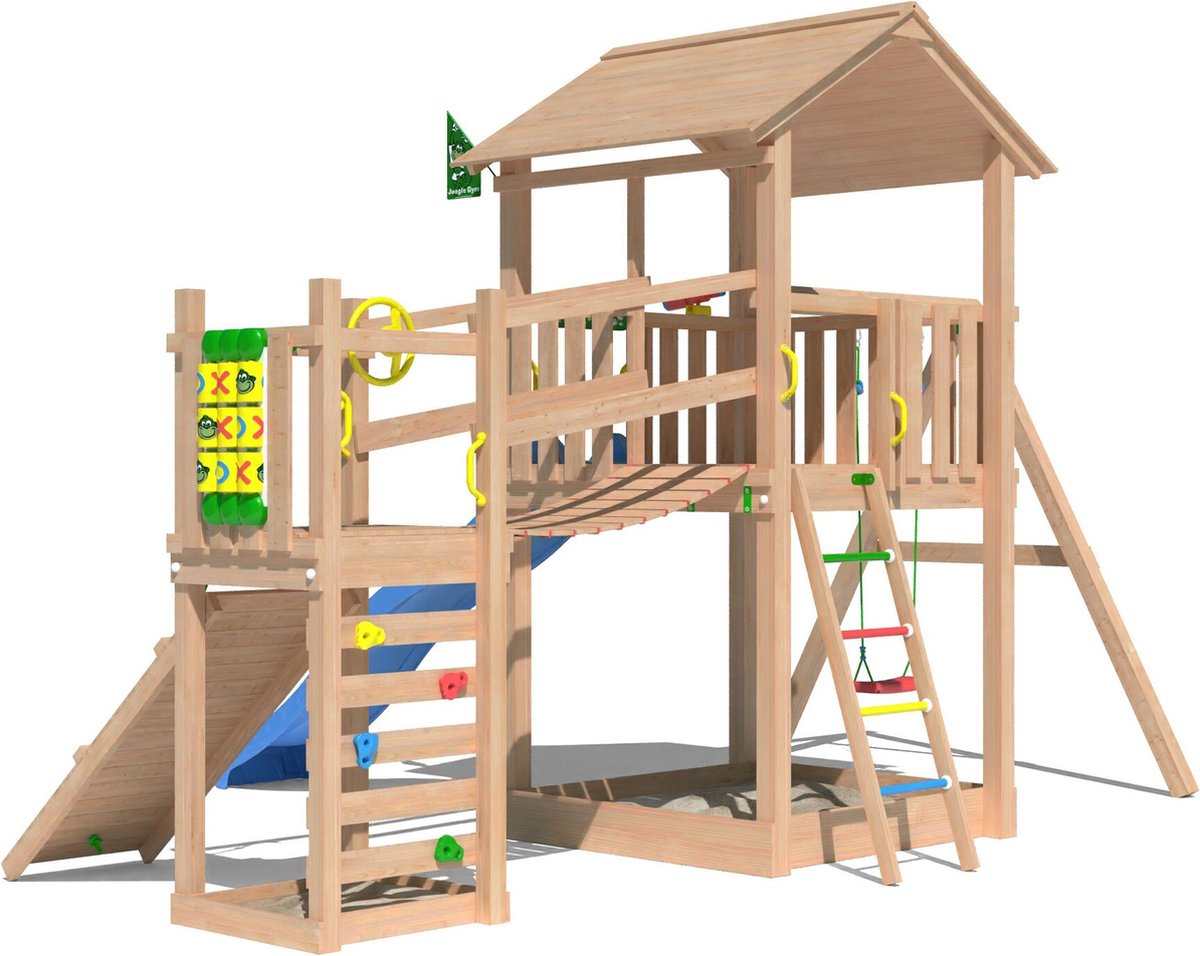   speeltoestel van douglas hout - Jungle Summit met blauwe glijbaan - Tuin speeltoestel voor buiten met zandbak, schommel en klimhelling