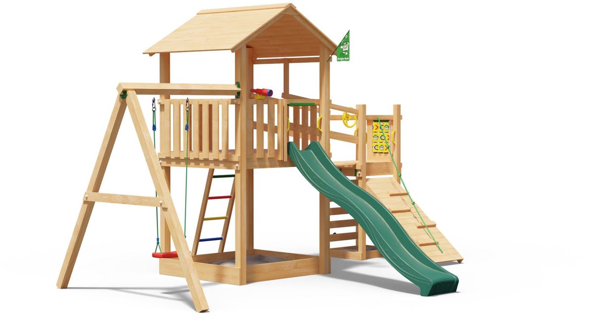   speeltoestel van douglas hout - Jungle Summit met donkergroene glijbaan - Tuin speeltoestel voor buiten met zandbak, schommel en klimhelling