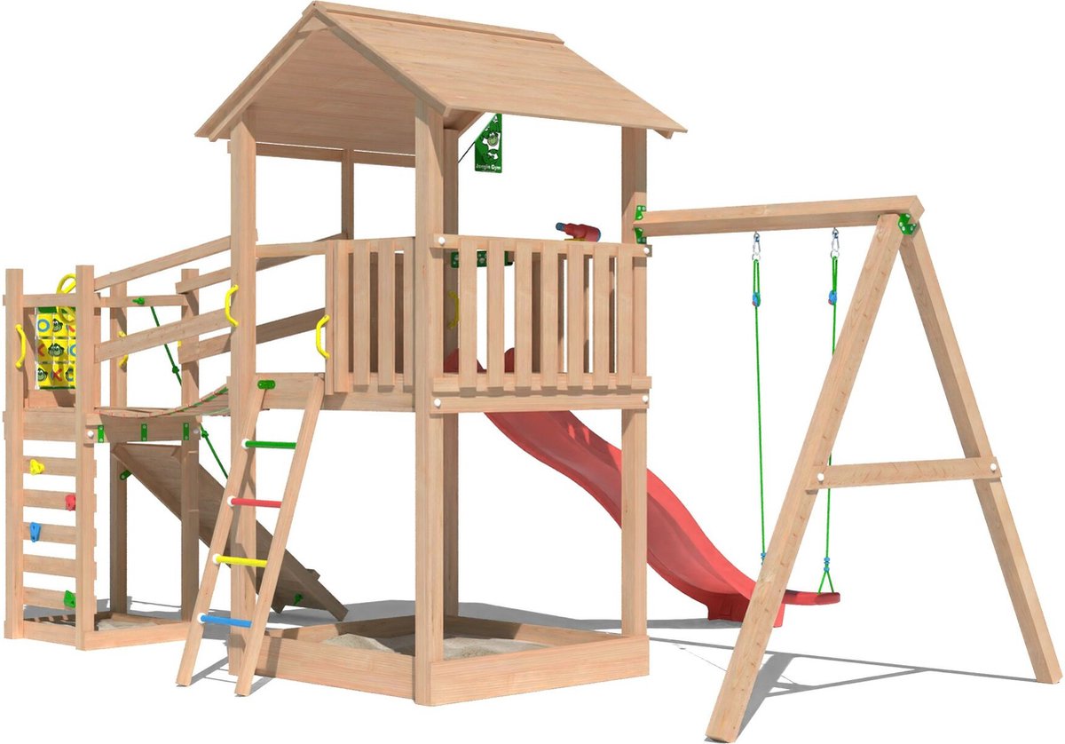   speeltoestel van douglas hout - Jungle Summit met rode glijbaan - Tuin speeltoestel voor buiten met zandbak, schommel en klimhelling