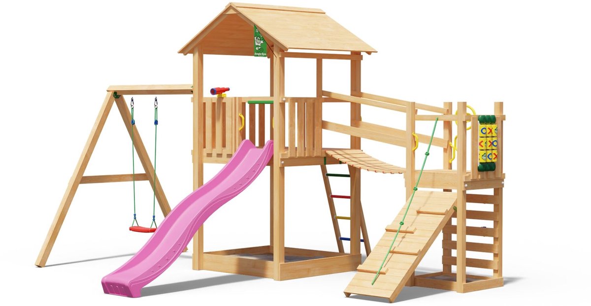   speeltoestel van douglas hout - Jungle Summit met roze glijbaan - Tuin speeltoestel voor buiten met zandbak, schommel en klimhelling