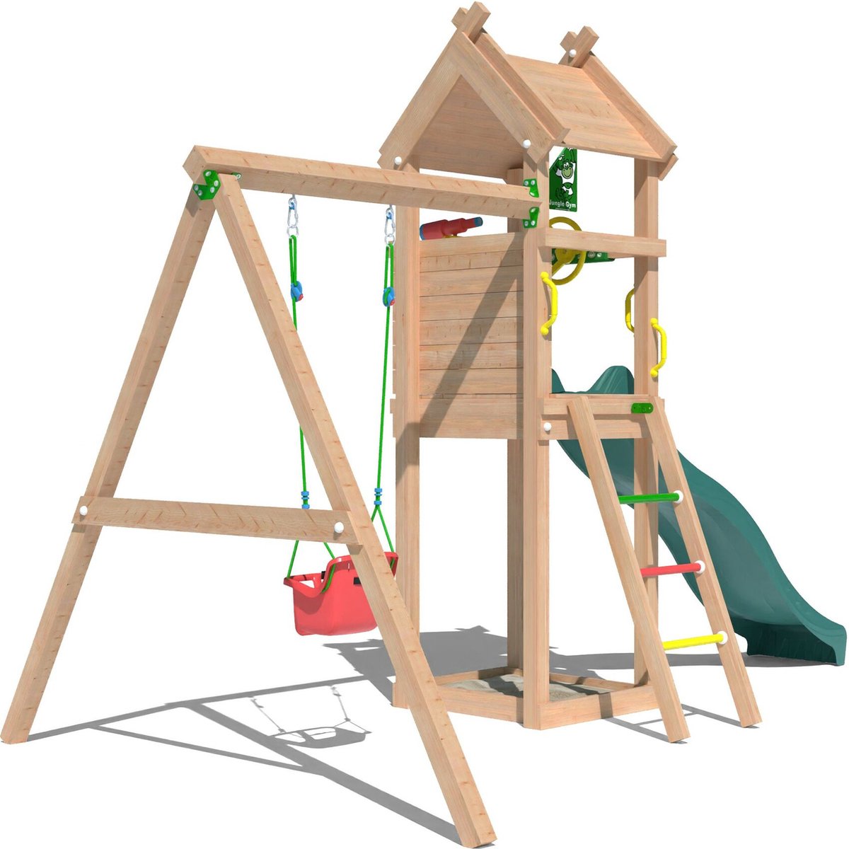   speeltoestel van douglas hout - Jungle Tent met donkergroene glijbaan - Tuin speeltoestel voor buiten met zandbak, schommel en speelhuisje