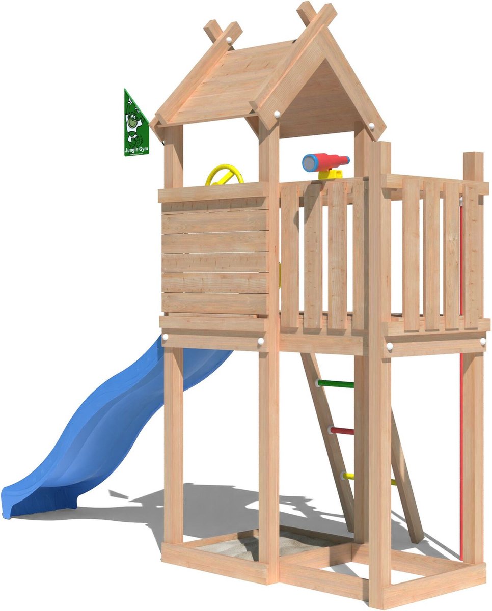   speeltoestel van douglas hout - Jungle Tiki met blauwe glijbaan - Tuin speeltoestel voor buiten met zandbak, brandweerpaal en klimladder