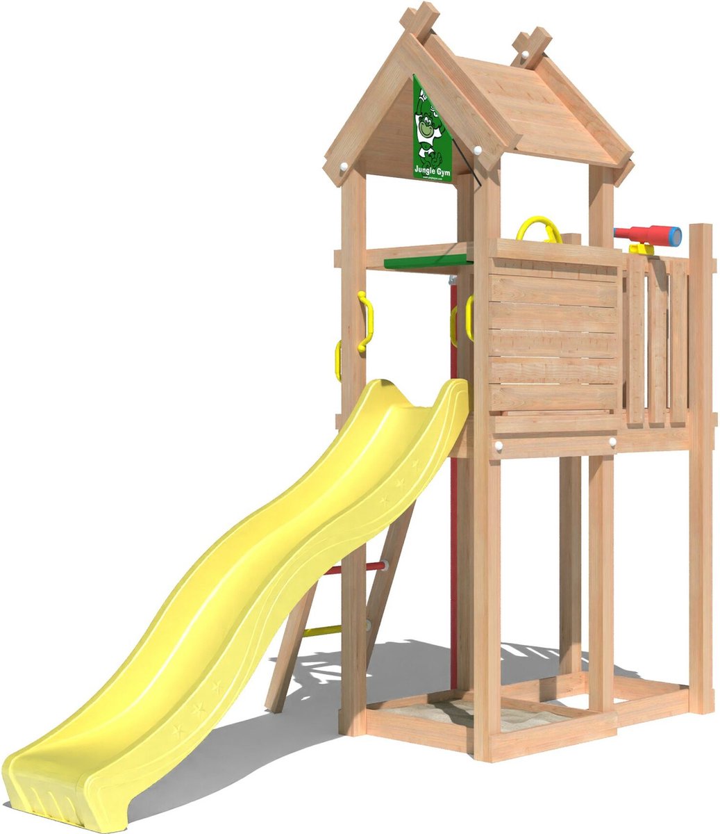   speeltoestel van douglas hout - Jungle Tiki met gele glijbaan - Tuin speeltoestel voor buiten met zandbak, brandweerpaal en klimladder