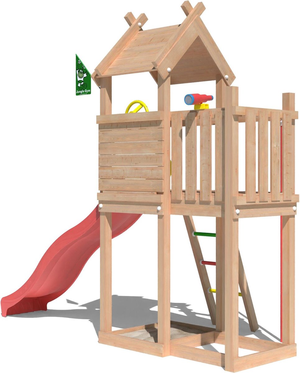   speeltoestel van douglas hout - Jungle Tiki met rode glijbaan - Tuin speeltoestel voor buiten met zandbak, brandweerpaal en klimladder