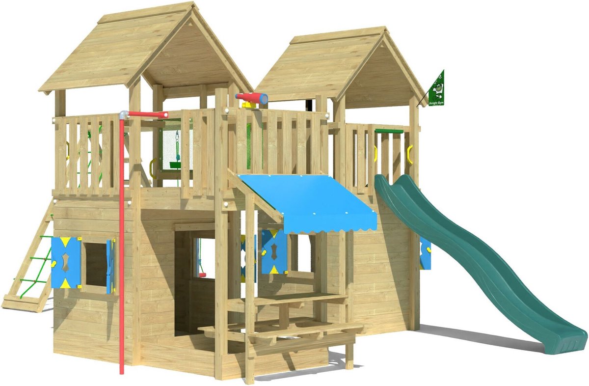   speeltoestel van douglas hout - Jungle Titan met groene glijbaan - Tuin speeltoestel voor buiten met zandbak, schommels en speelhuisje