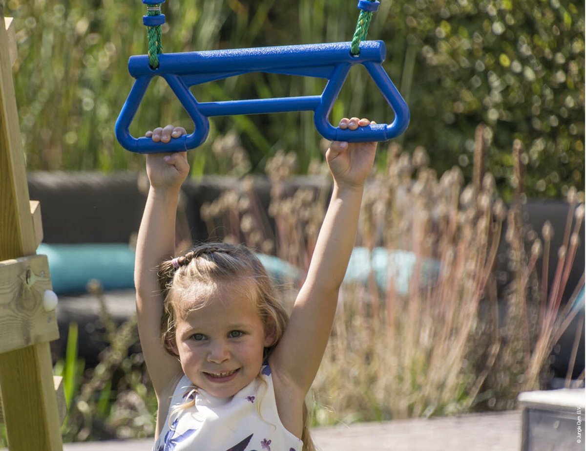   speeltoestel van douglas hout - Jungle Tower met blauwe glijbaan - Tuin speeltoestel voor buiten met zandbak, klimnet en schommels