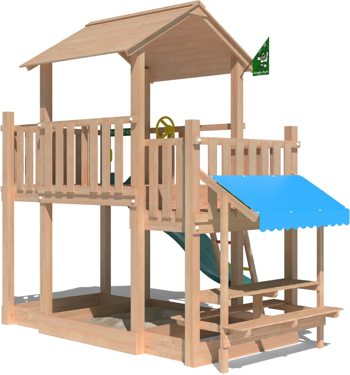   speeltoestel van douglas hout - Jungle Valley met donkergroene glijbaan - Tuin speeltoestel voor buiten met zandbak, picknicktafel en klimladder