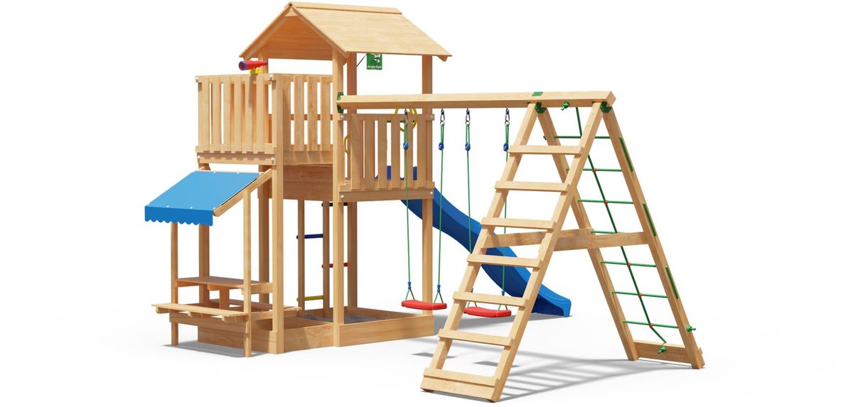   speeltoestel van douglas hout - Jungle Veranda met blauwe glijbaan - Tuin speeltoestel voor buiten met zandbak, schommels en klimnet