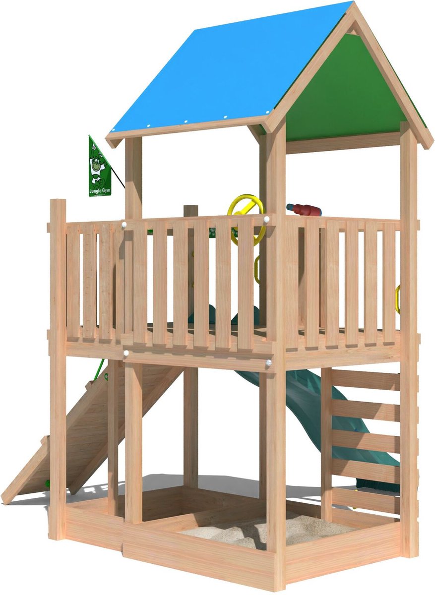   speeltoestel van douglas hout - Jungle Wonder met donkergroene glijbaan - Tuin speeltoestel voor buiten met zandbak, klimhelling en klimwand