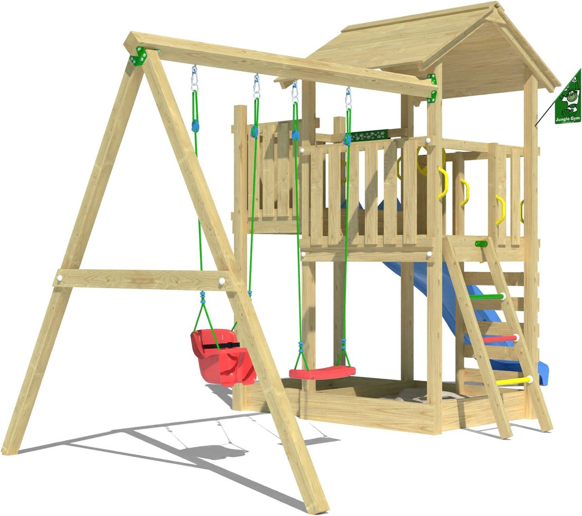   speeltoestel van grenen hout - Jungle Arbour met blauwe glijbaan - Tuin speeltoestel voor buiten met zandbak en schommels
