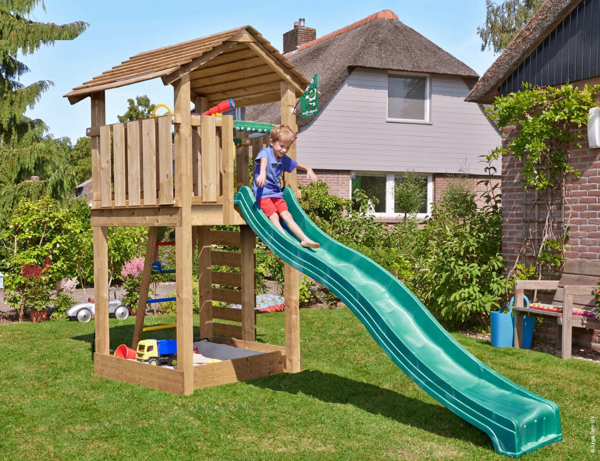   speeltoestel van grenen hout - Jungle Cottage met roze glijbaan - Tuin speeltoestel voor buiten met klimladder, klimwand en zandbak