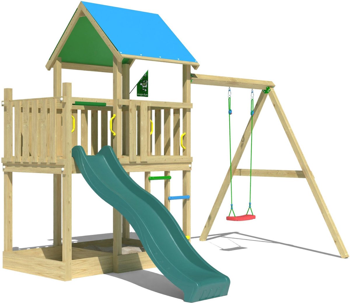   speeltoestel van grenen hout - Jungle Dazzle met donkergroene glijbaan - Tuin speeltoestel voor buiten met zandbak en schommel