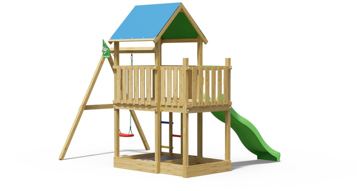   speeltoestel van grenen hout - Jungle Dazzle met groene glijbaan - Tuin speeltoestel voor buiten met zandbak en schommel