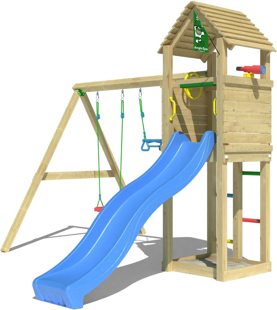   speeltoestel van grenen hout - Jungle Delight met blauwe glijbaan - Tuin speeltoestel voor buiten met zandbak en schommels