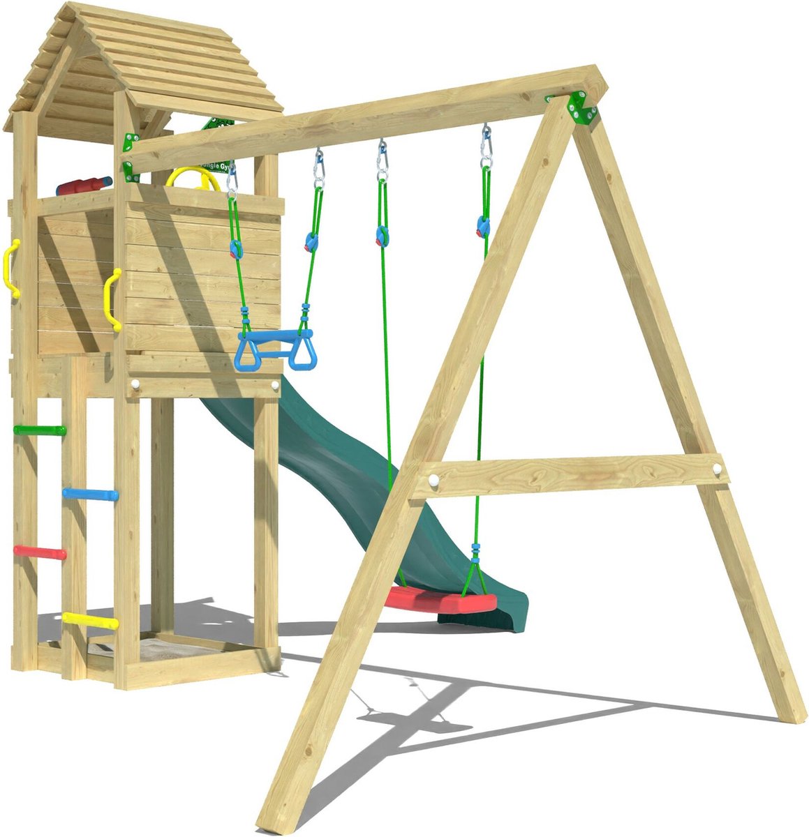   speeltoestel van grenen hout - Jungle Delight met donkergroene glijbaan - Tuin speeltoestel voor buiten met zandbak en schommels