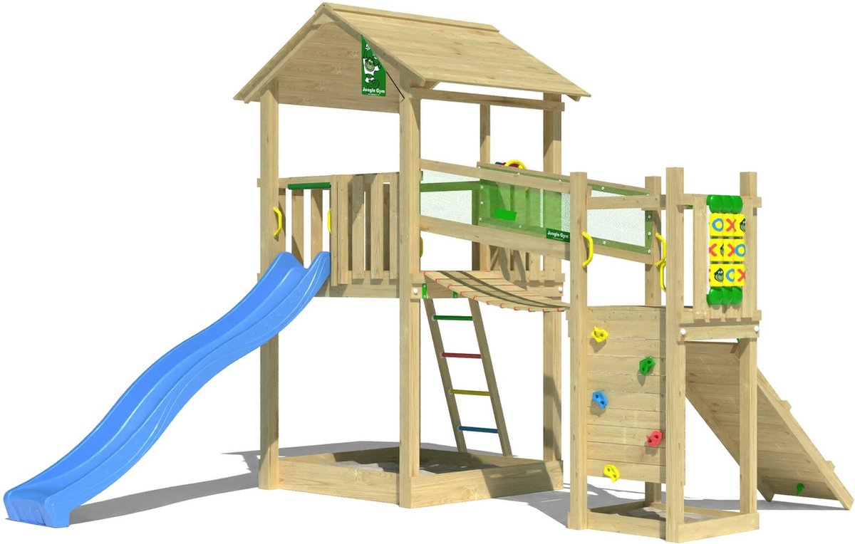   speeltoestel van grenen hout - Jungle Fortress met blauwe glijbaan - Tuin speeltoestel voor buiten met zandbak, loopbrug en klimwand