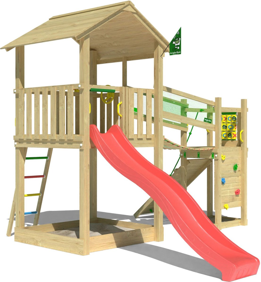   speeltoestel van grenen hout - Jungle Fortress met rode glijbaan - Tuin speeltoestel voor buiten met zandbak, loopbrug en klimwand