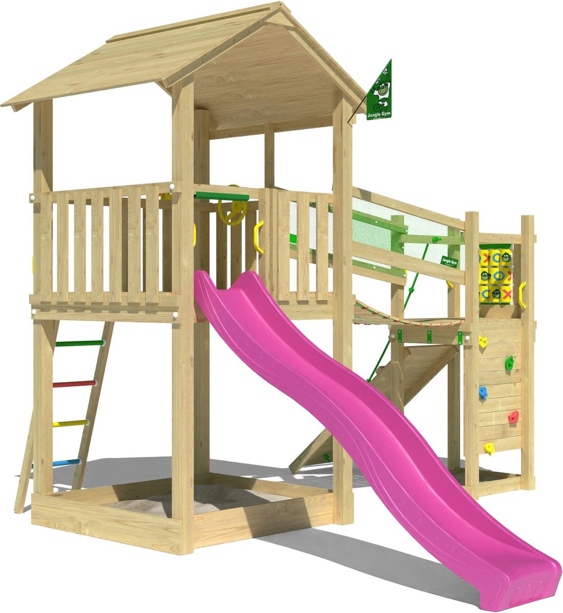   speeltoestel van grenen hout - Jungle Fortress met roze glijbaan - Tuin speeltoestel voor buiten met zandbak, loopbrug en klimwand