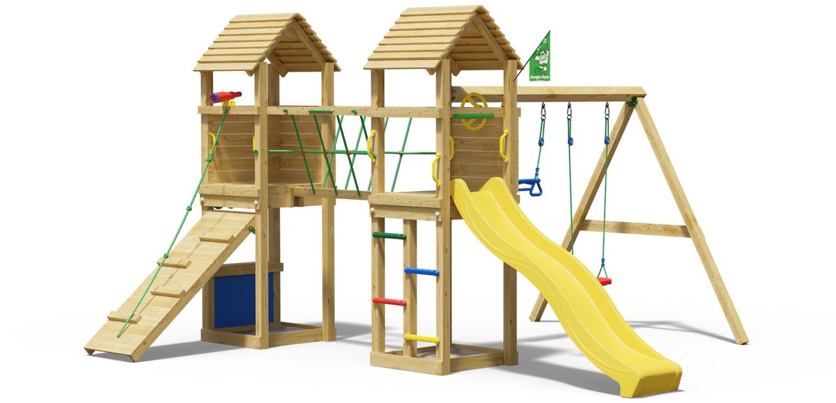   speeltoestel van grenen hout - Jungle Gatehouse met gele glijbaan - Tuin speeltoestel voor buiten met balanceerbrug, klimhelling en winkeltje