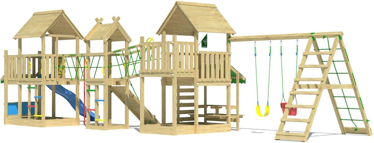   speeltoestel van grenen hout - Jungle Gazebo XXL met blauwe glijbaan - Tuin speeltoestel voor buiten met schommels, klimwand en picknicktafel