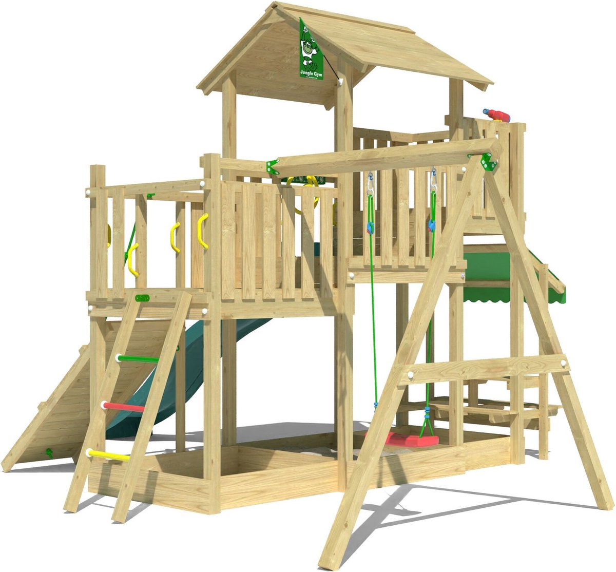   speeltoestel van grenen hout - Jungle Habitat met rode glijbaan - Tuin speeltoestel voor buiten met zandbak, schommel en klimhelling