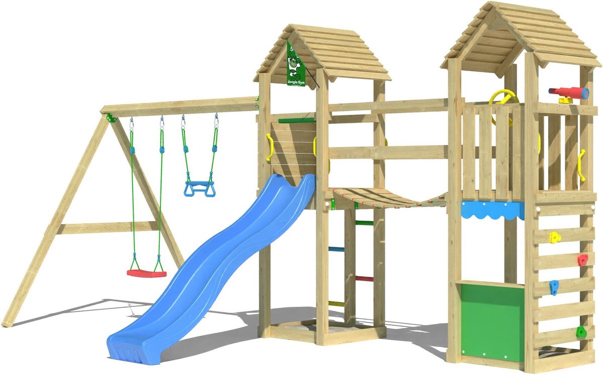   speeltoestel van grenen hout - Jungle Haven met blauwe glijbaan - Tuin speeltoestel voor buiten met zandbak en schommels