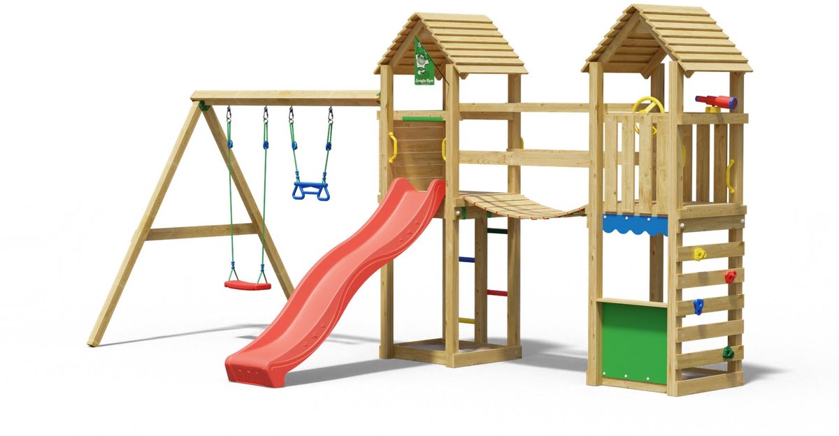   speeltoestel van grenen hout - Jungle Haven met rode glijbaan - Tuin speeltoestel voor buiten met zandbak en schommels