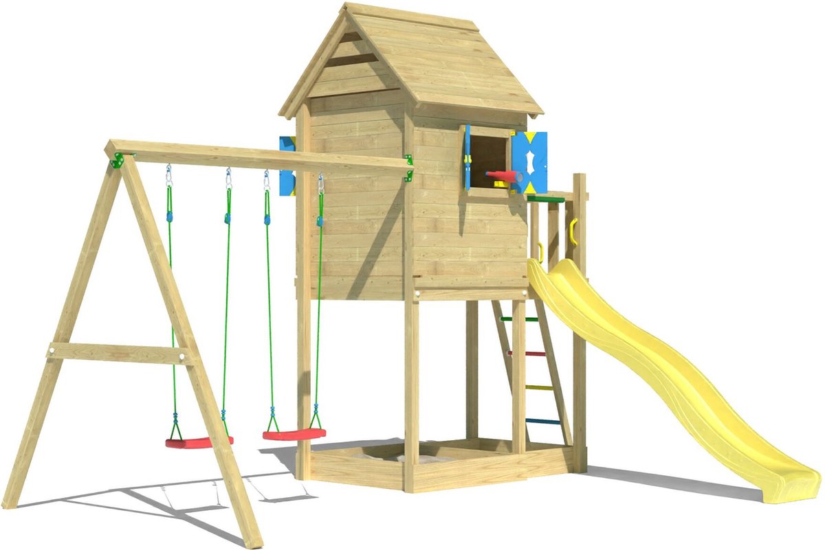   speeltoestel van grenen hout - Jungle Hideout met gele glijbaan - Tuin speeltoestel voor buiten met zandbak en schommels
