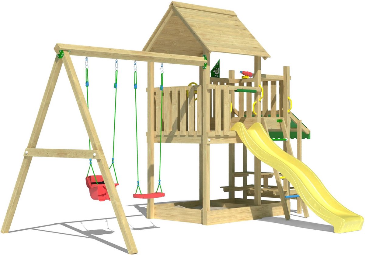   speeltoestel van grenen hout - Jungle Lagoon met gele glijbaan - Tuin speeltoestel voor buiten met zandbak en schommels