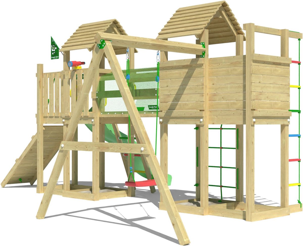   speeltoestel van grenen hout - Jungle Leda met groene glijbaan - Tuin speeltoestel voor buiten met zandbak, schommel en klimladder