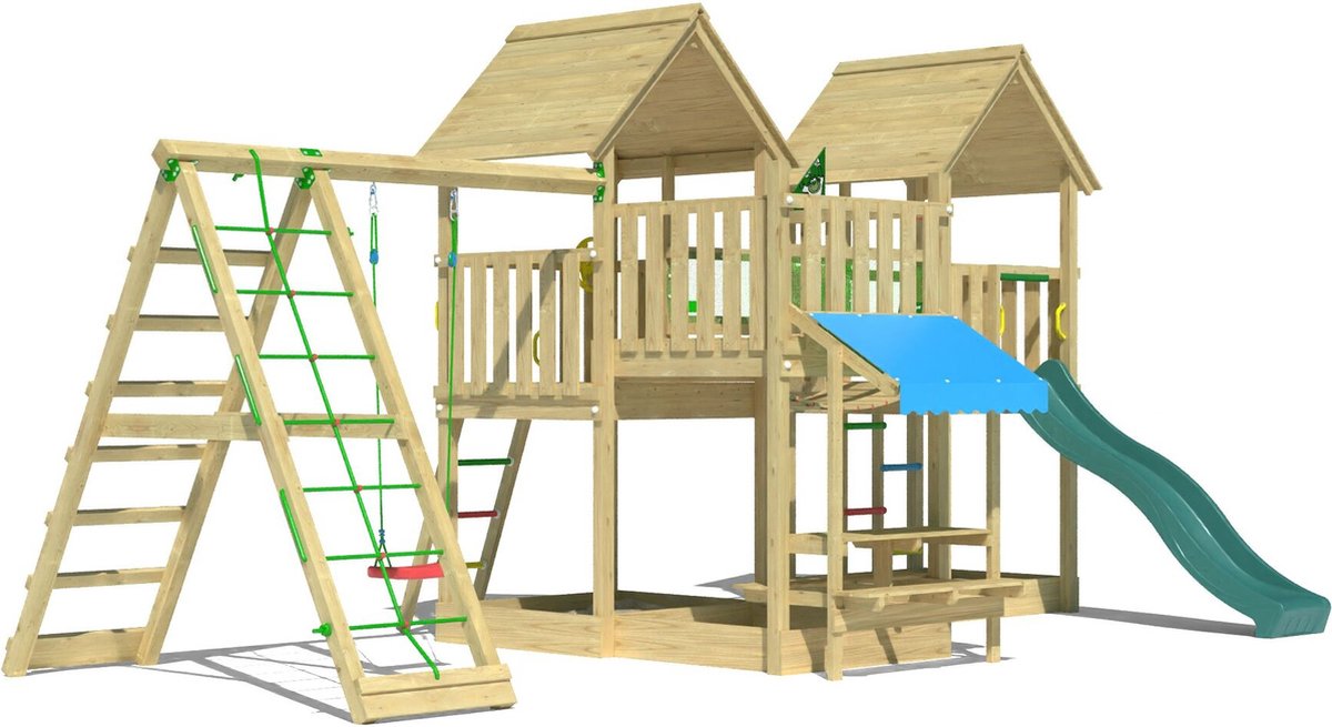   speeltoestel van grenen hout - Jungle Luxor met gele glijbaan - Tuin speeltoestel voor buiten met zandbak, schommel en klimnet