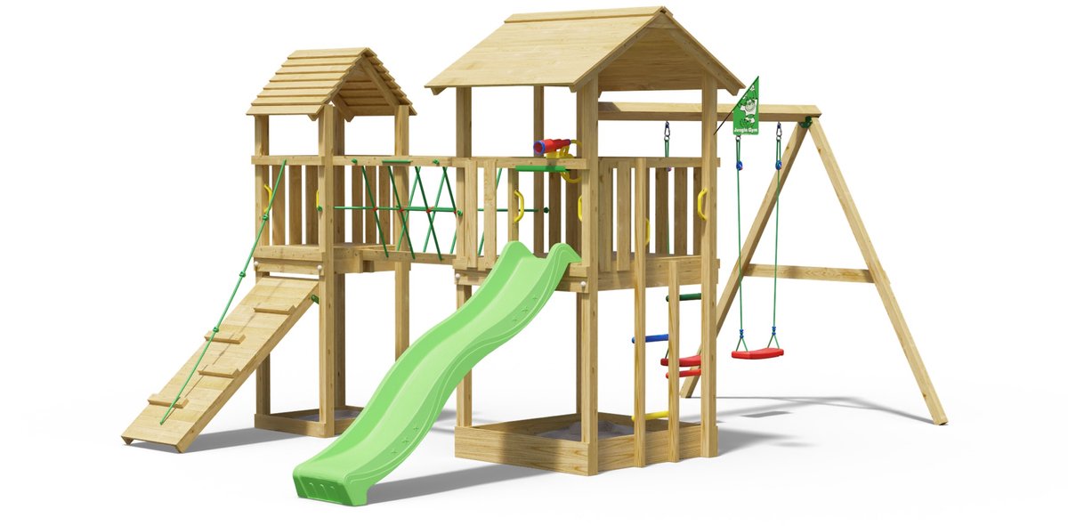   speeltoestel van grenen hout - Jungle Nova met groene glijbaan - Tuin speeltoestel voor buiten met zandbak, schommels en klimhelling