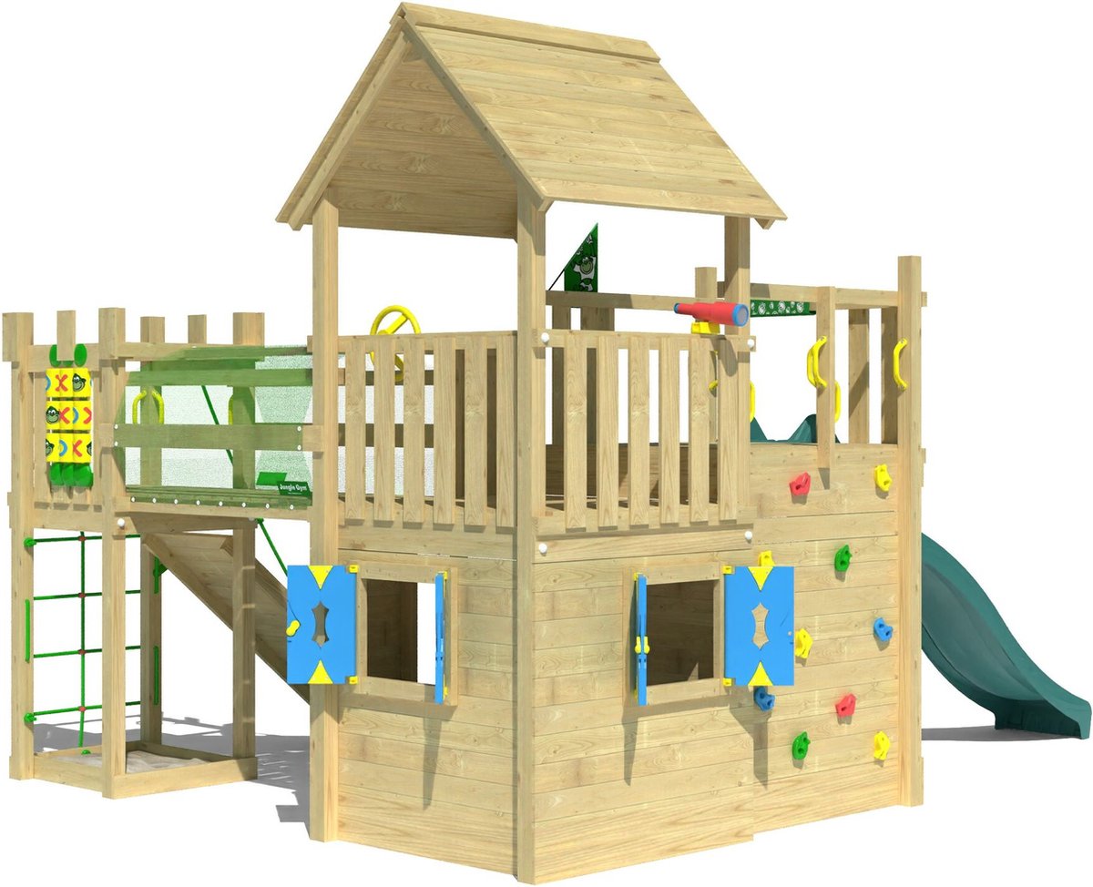   speeltoestel van grenen hout - Jungle Olympus met donkergroene glijbaan - Tuin speeltoestel voor buiten met zandbak en klimwand