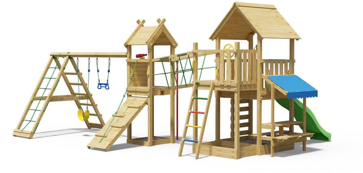   speeltoestel van grenen hout - Jungle Pavillon met groene glijbaan - Tuin speeltoestel voor buiten met schommels, brandweerpaal en zandbak