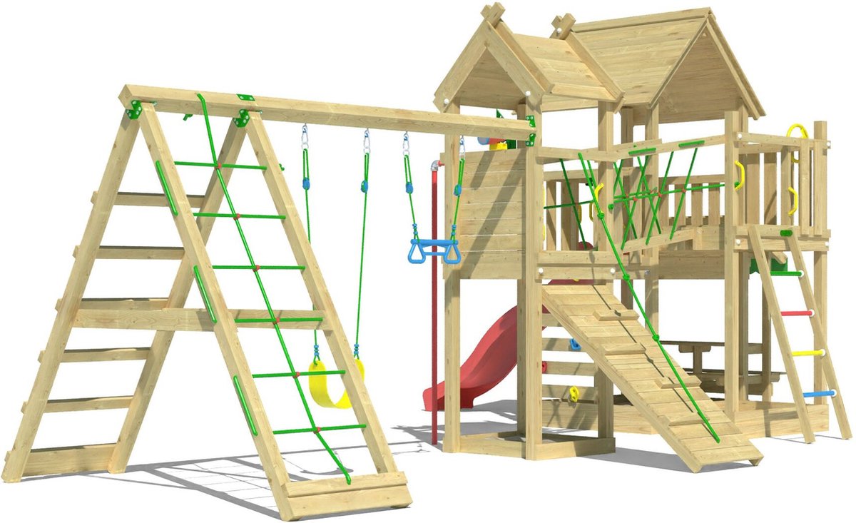   speeltoestel van grenen hout - Jungle Pavillon met rode glijbaan - Tuin speeltoestel voor buiten met schommels, brandweerpaal en zandbak