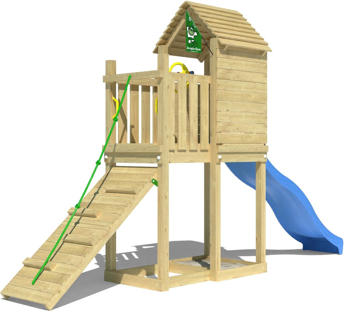   speeltoestel van grenen hout - Jungle Pod met blauwe glijbaan - Tuin speeltoestel voor buiten met zandbak en klimhelling