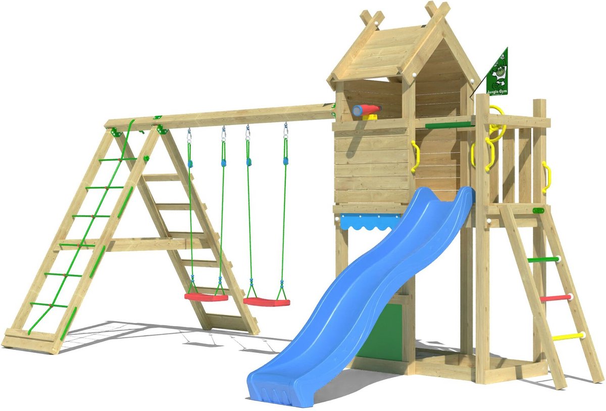   speeltoestel van grenen hout - Jungle Resort met blauwe glijbaan - Tuin speeltoestel voor buiten met zandbak, speelhuisje en schommels