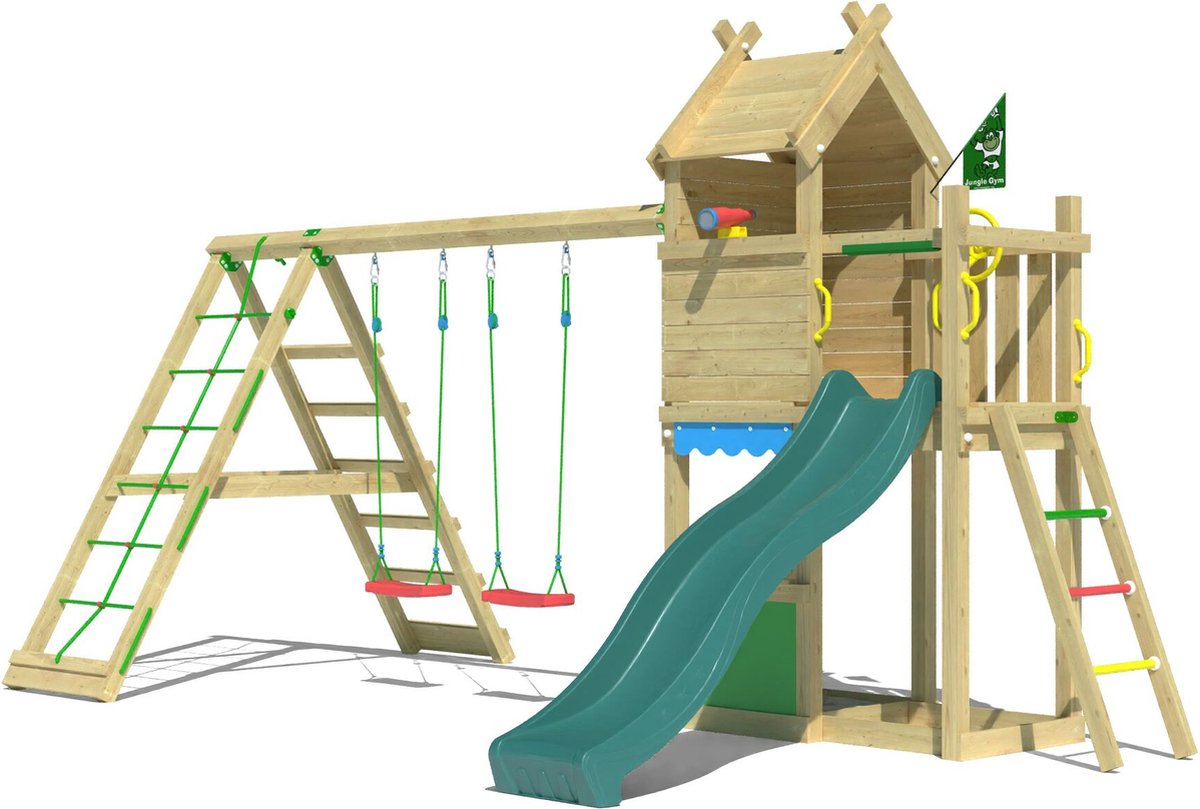   speeltoestel van grenen hout - Jungle Resort met donkergroene glijbaan - Tuin speeltoestel voor buiten met zandbak, speelhuisje en schommels