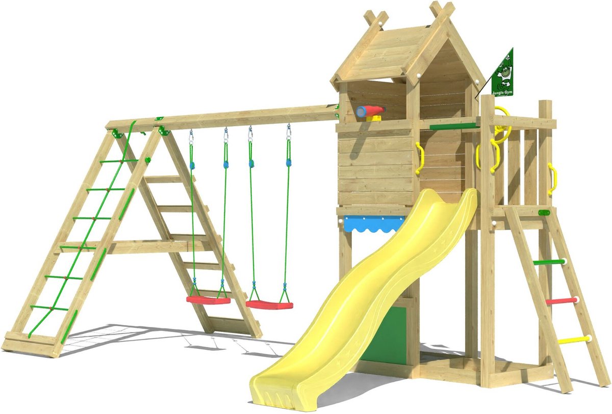  speeltoestel van grenen hout - Jungle Resort met gele glijbaan - Tuin speeltoestel voor buiten met zandbak, speelhuisje en schommels