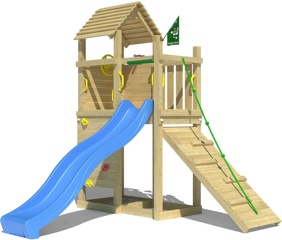   speeltoestel van grenen hout - Jungle Roamer met blauwe glijbaan - Tuin speeltoestel voor buiten met zandbak, klimwand en klimhelling