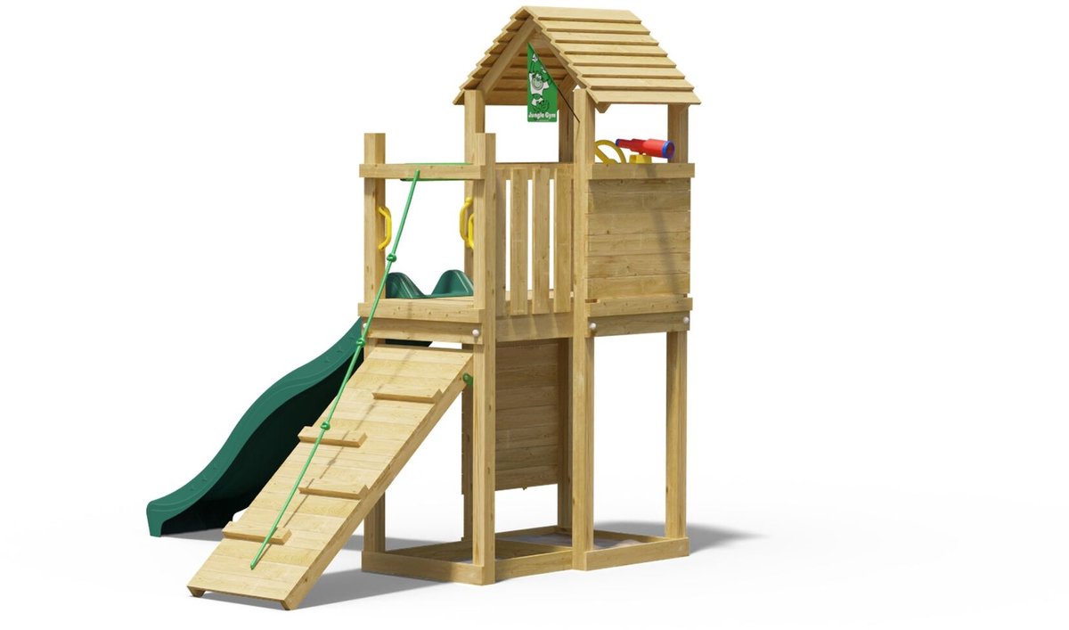   speeltoestel van grenen hout - Jungle Roamer met donkergroene glijbaan - Tuin speeltoestel voor buiten met zandbak, klimwand en klimhelling