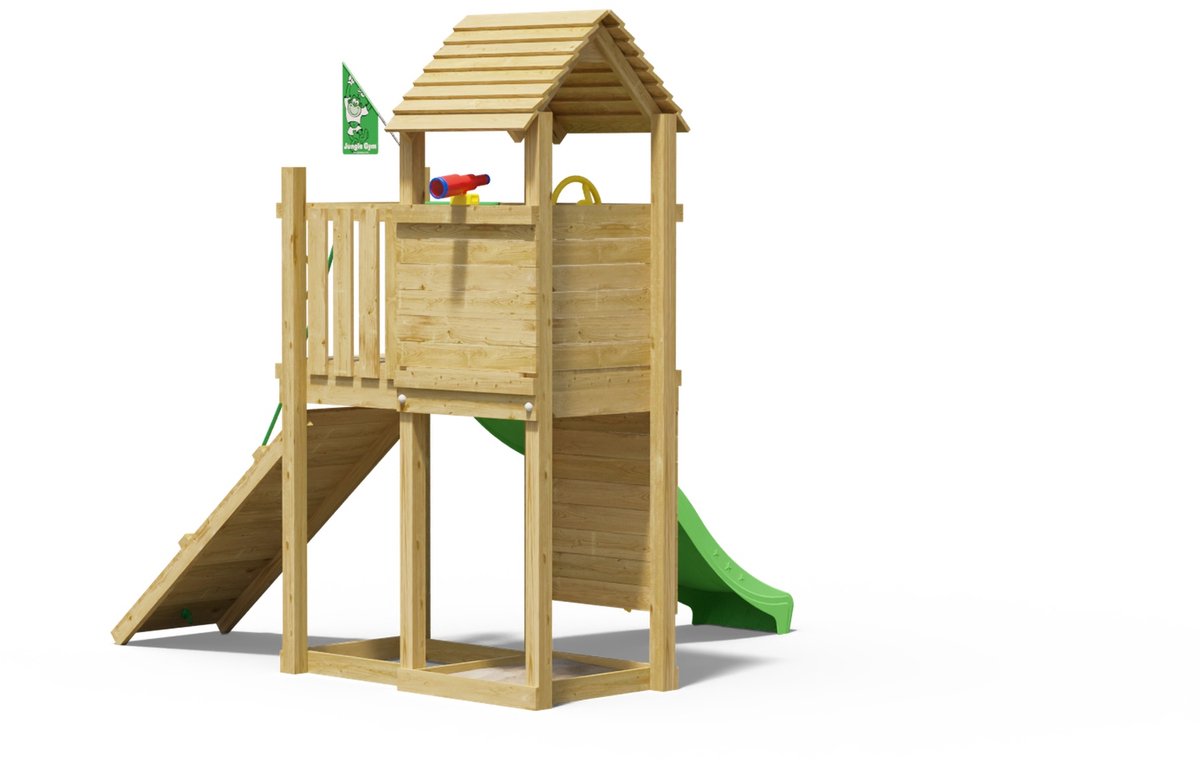   speeltoestel van grenen hout - Jungle Roamer met groene glijbaan - Tuin speeltoestel voor buiten met zandbak, klimwand en klimhelling