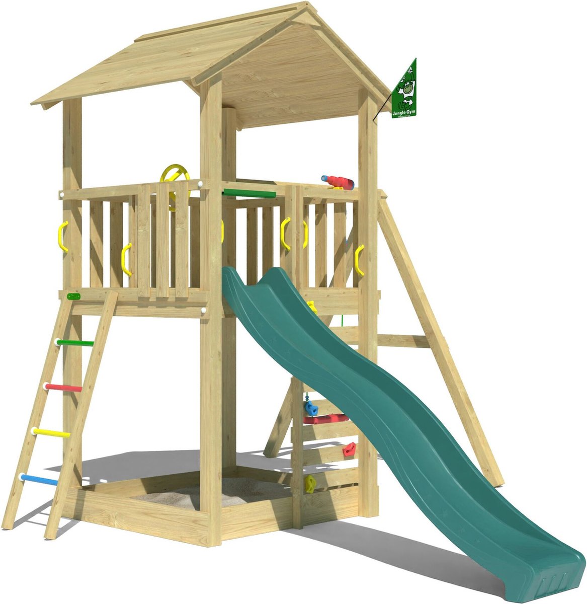   speeltoestel van grenen hout - Jungle Sierra met donkergroene glijbaan - Tuin speeltoestel voor buiten met zandbak en schommel