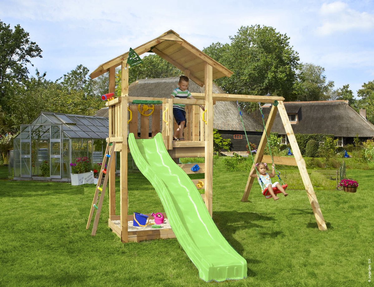   speeltoestel van grenen hout - Jungle Sierra met groene glijbaan - Tuin speeltoestel voor buiten met zandbak en schommel