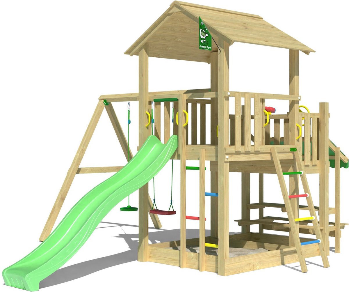   speeltoestel van grenen hout - Jungle Skyline met groene glijbaan - Tuin speeltoestel voor buiten met zandbak en schommels