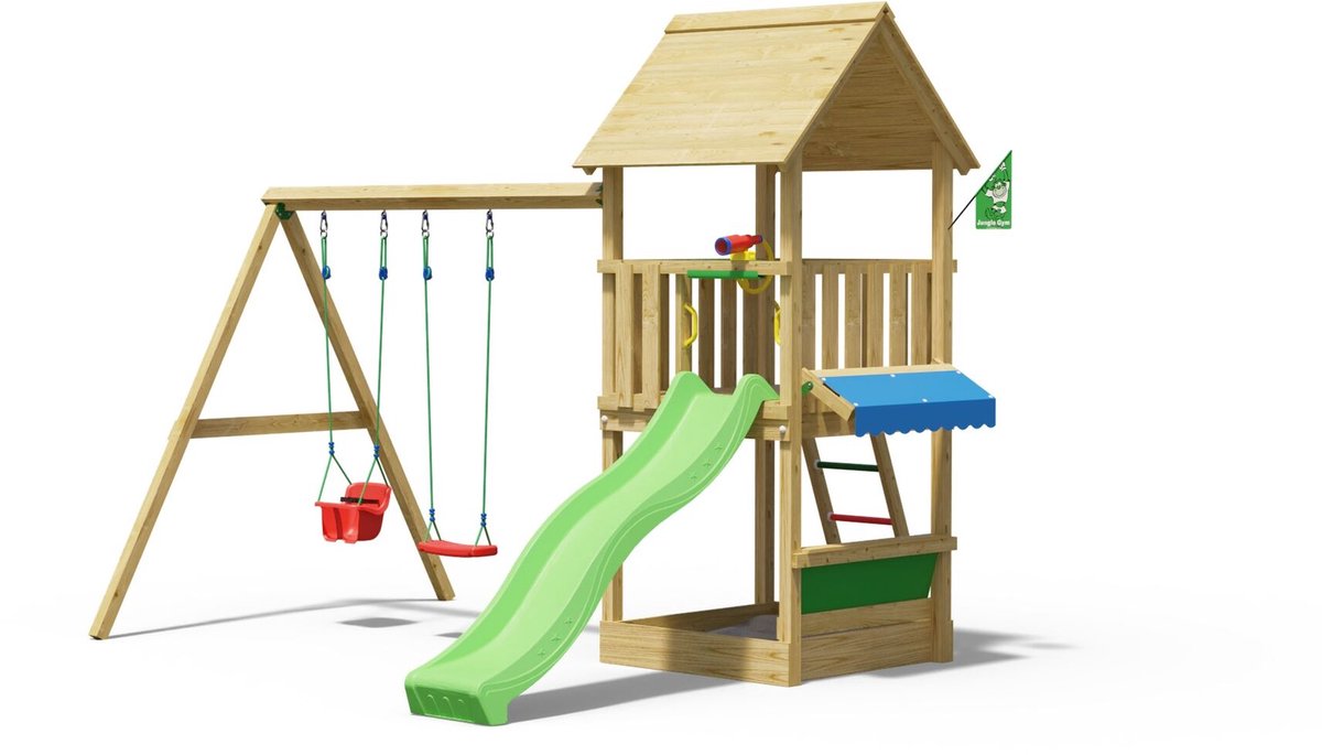   speeltoestel van grenen hout - Jungle Suite met groene glijbaan - Tuin speeltoestel voor buiten met zandbak en schommels